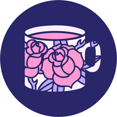 iconic tattoo style image of a cup and flowers in bright neon color