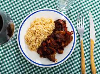 Delicious dish of fried beef slices with rice