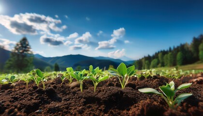 small green plants grow in dark soil mountains and trees are in the background under a blue sky with white clouds