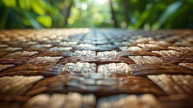 Woven mat texture with soft blurred lush greenery and sunlight in background, warm tones