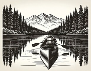 Man canoeing on a serene lake, majestic mountains and forest