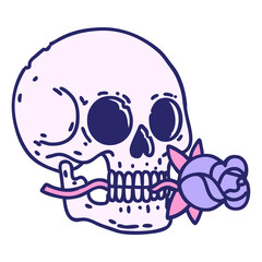 iconic tattoo style image of a skull and rose in bright neon color