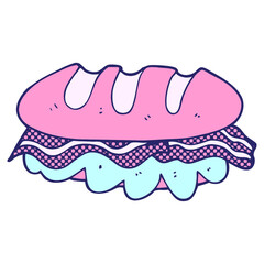 freehand drawn cartoon huge sandwich in bright neon color