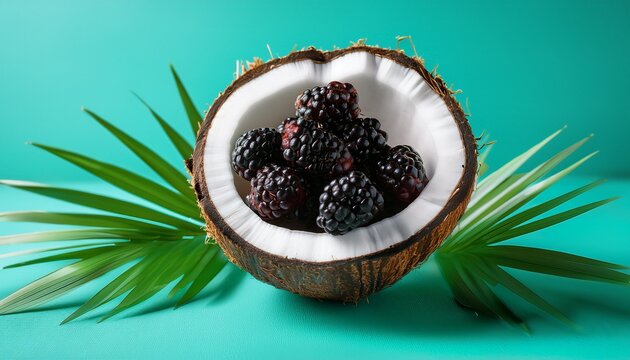 fresh blackberries sit inside coconut halves on a bright turquoise surface surrounded by green leaves