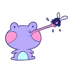 cute cartoon frog catching fly with tongue in bright neon color