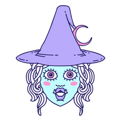 Retro Tattoo Style half orc witch character face in bright neon color