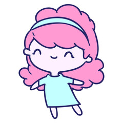 cartoon illustration kawaii girl with head band in bright neon color