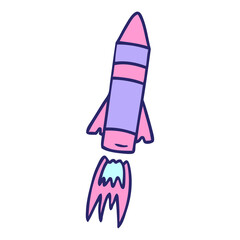 hand drawn cartoon doodle of a space rocket  in bright neon color