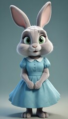Obraz premium adorable cartoon style An elderly grey rabbit with large green eyes and ears wearing a dress, looking directly at the camera