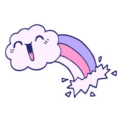 cartoon doodle happy cloud and rainbow in bright neon color