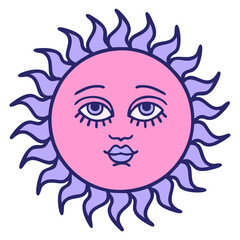 iconic tattoo style image of a sun with face in bright neon color