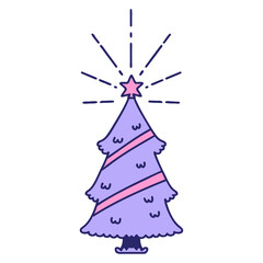 illustration of a traditional tattoo style christmas tree with star in bright neon color