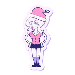 sticker of a cartoon santas helper in bright neon color