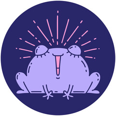 icon of a tattoo style happy frog in bright neon color