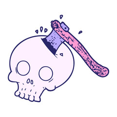 cartoon axe in skull in bright neon color