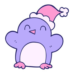 cartoon doodle penguin wearing christmas hat in bright neon color