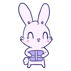 cute cartoon rabbit with present in bright neon color