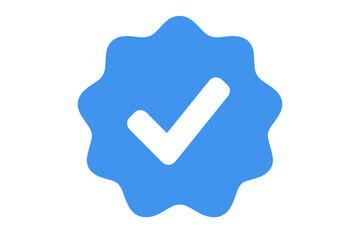 Verified blue tick social media account icon. Approved profile symbol. White check mark in a blue star. Official verification guarantee of authenticity and quality symbol.