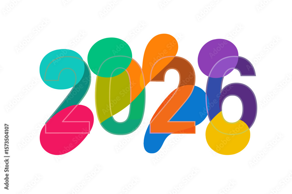 Fototapete colorful 2026 new year text design. modern vector graphic with transparent numbers and vibrant overl