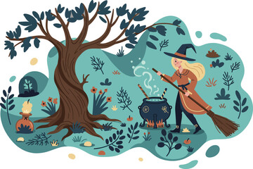 Witch stirring cauldron under tree with owl on branch and autumn leaves vector illustration for Halloween theme 