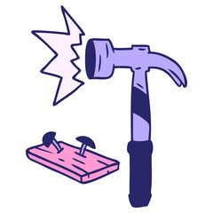 hand drawn cartoon doodle of a hammer and nails in bright neon color