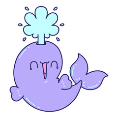 illustration of a traditional tattoo style happy squirting whale character in bright neon color