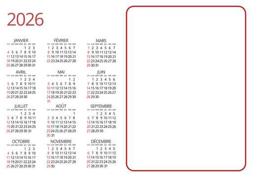 Template on white background with red border for 2026 calendar in French, empty space ready to add custom designs