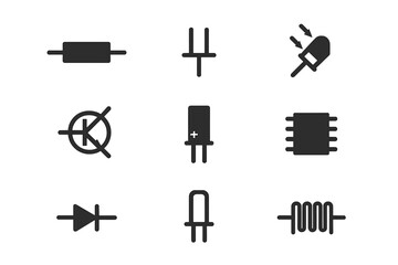 Electronic Components Vector Set. Circuit Symbols Collection. Resistor, Capacitor, LED, Transistor, Microchip, Diode, Inductor, PCB Icon. Electrical Engineering, Schematic, Technology Isolated
