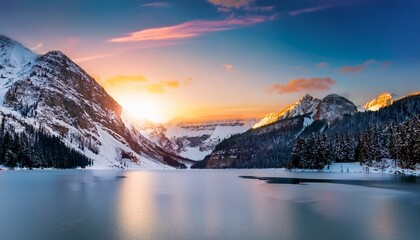 snowy mountain lake sunset