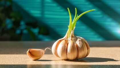 sprouting garlic bulb on countertop in warm sunlight