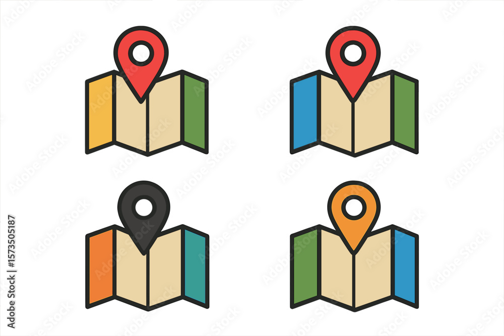 Poster set of four colorful map location icons. gps navigation pin and marker for destination point. geoloc