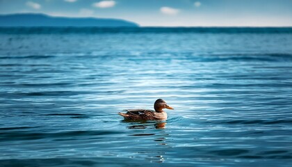 lonely duck floats in ocean stillness