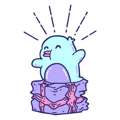 illustration of a traditional tattoo style penguin sitting on present in bright neon color