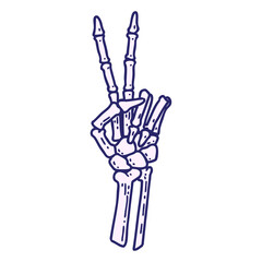 tattoo in traditional style of a skeleton giving a peace sign  in bright neon color