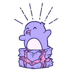 illustration of a traditional tattoo style penguin sitting on present in bright neon color