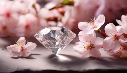 elegant diamond with cherry blossoms soft light still life serene atmosphere close up beauty in nature