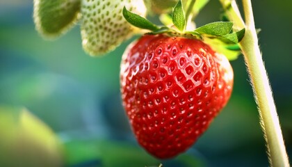 close up of a strawberry on a plant