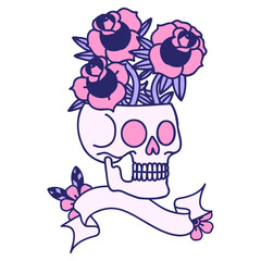 traditional tattoo with banner of a skull and roses in bright neon color