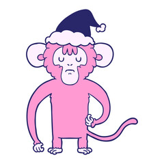 hand drawn line drawing of a monkey scratching wearing santa hat in bright neon color