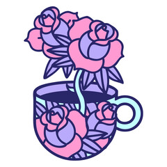 Fototapeta premium tattoo in traditional style of a cup and flowers in bright neon color