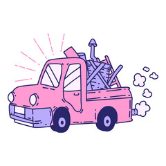 illustration of a traditional tattoo style truck carrying junk in bright neon color