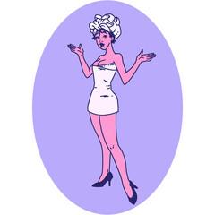 tattoo in traditional style of a pinup girl in towels in bright neon color