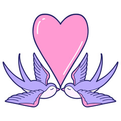 iconic tattoo style image of swallows and a heart in bright neon color
