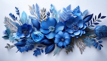 elegant blue floral arrangement with various blooms and leaves