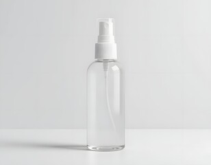 Isolated clear plastic spray bottle with white nozzle on a white surface and a white background