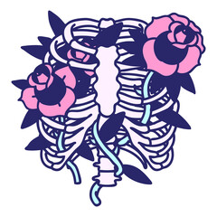 tattoo in traditional style of a rib cage and flowers in bright neon color