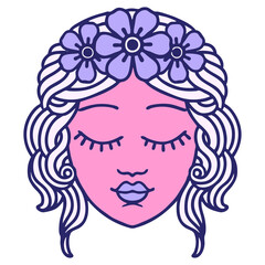 iconic tattoo style image of a maidens face in bright neon color