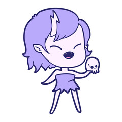 cartoon laughing vampire girl with skull in bright neon color
