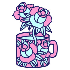 tattoo in traditional style of a cup and flowers in bright neon color