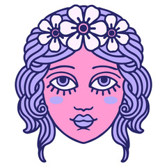 iconic tattoo style image of female face with crown of flowers in bright neon color
